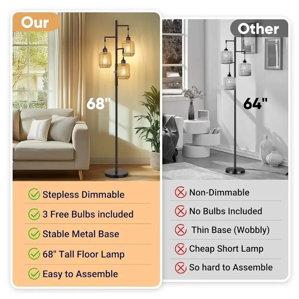 ROTTOGOON 68” Dimmable 3-Light Rattan Floor Lamp Boho Farmhouse Tree Lamp Black